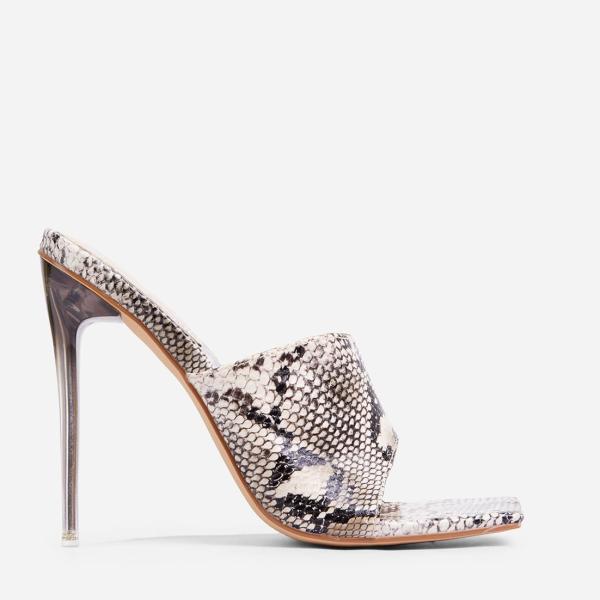 Faux Snakelike Print Platform Stiletto Sandals Open Square Toe Mules
