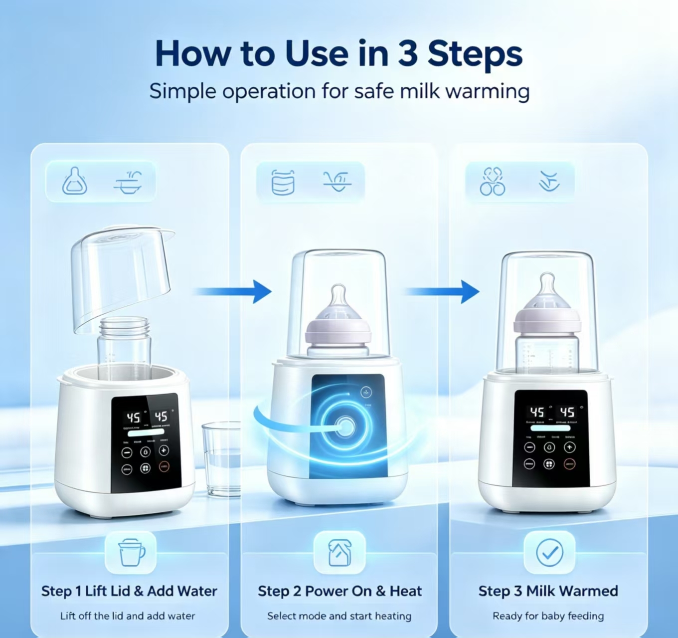 200W Electric Baby Bottle Warmer 30‑65℃ Temperature Control Dry Burning Protection Auto Shut‑Off Milk Warmer for Breastmilk Storage Bags Glass PP Silicone Baby Bottles