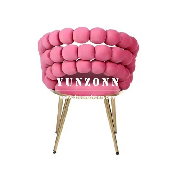 Wholesale Modern Style Gold Metal Legs Hotel Armchair Upholstered Beige Velvet Fabric Pompom Dining Chair