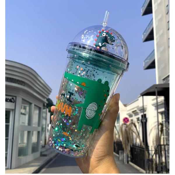 Чашка Sequin звезды куклы динозавра бутылки Drinkware двойного слоя ABS выпивая с соломой