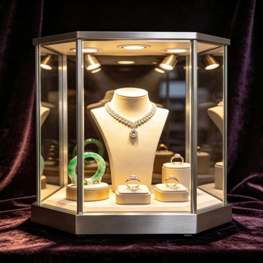 Luxurious White and Gold Metal Jewelry Display Case with LED Lighting Eco-Friendly Secure and Easy to Clean for Retail Stores