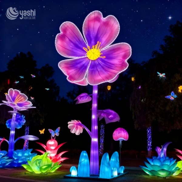 Custom Giant Purple‑Pink Flower with Butterfly LED Lantern, Tall Floral Light Sculpture for Park Garden Light Festival