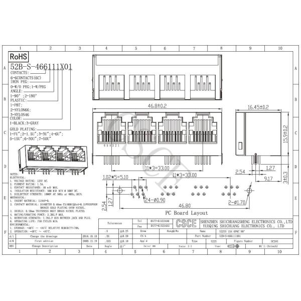 Full Shielded RJ11 Modular Jack 1 * 4 Port 6 Pins 6 Contacts Ni Plating Brass Shell