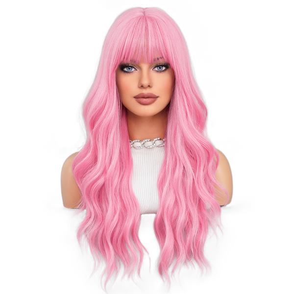 Fashion Long Body Wave Hair Pink Synthetic Wigs For Women