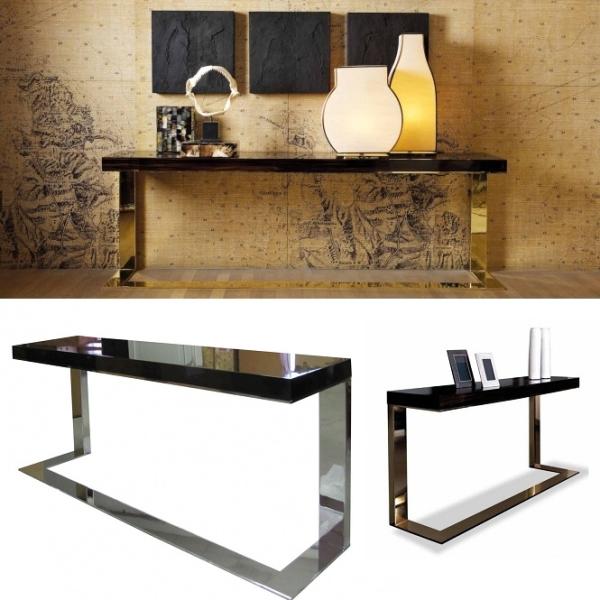 Contemporary Luxury Brushed Brass Stainless Steel Frame Wood top Console table