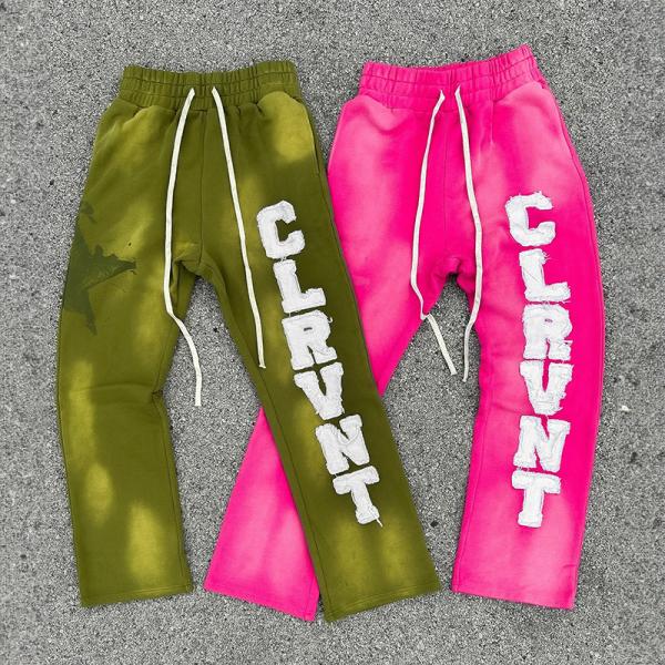 Designer Soleil décoloré patch de broderie en détresse français Terry Vintage Sweatpants à jambes droites Sweatpants pour hommes Logo personnalisé