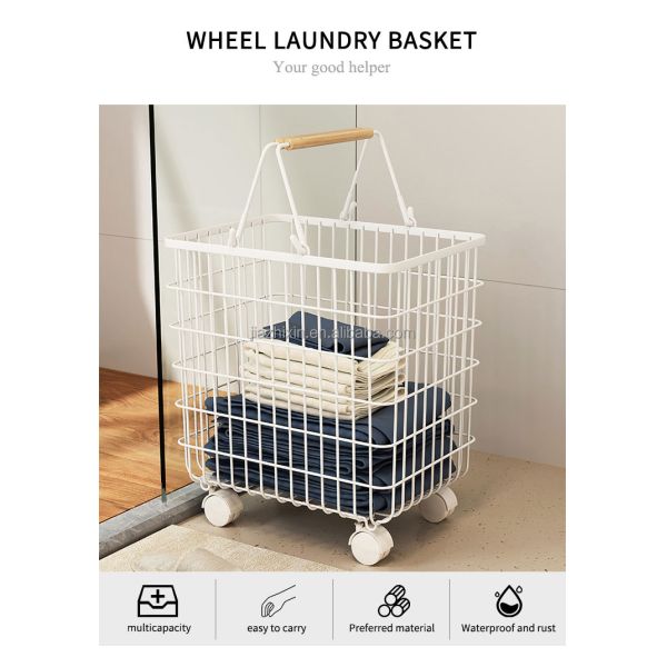 Iron Wire Laundry Hamper With Rolling Wheels Free Standing Storage Basket Dirty Clothes Cart Sorter Bathroom Washing Organizers