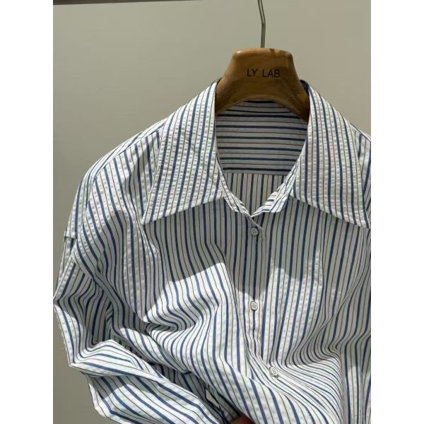Spring and summer hot casual fashion 100% pure cotton navy blue and white architectural style pleated striped shirt