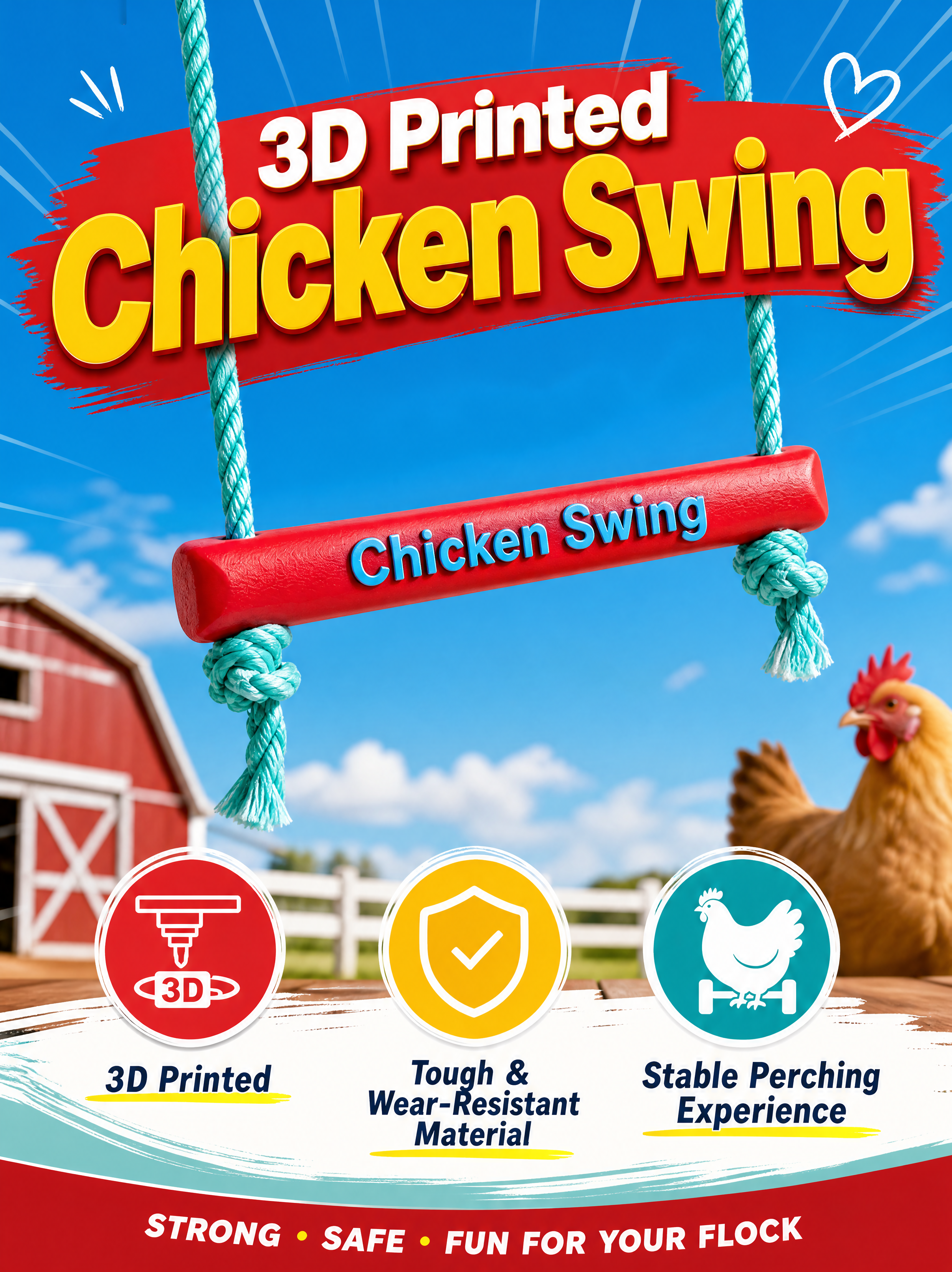 Non Slip Chicken Pet Accessories Adjustable Rope Swing Duck Poultry Entertainment