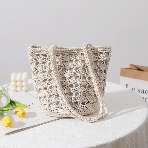 Simple Casual Lady Summer Straw Handmade Bucket Bag for Women Beach Vacation Shoulder Bag