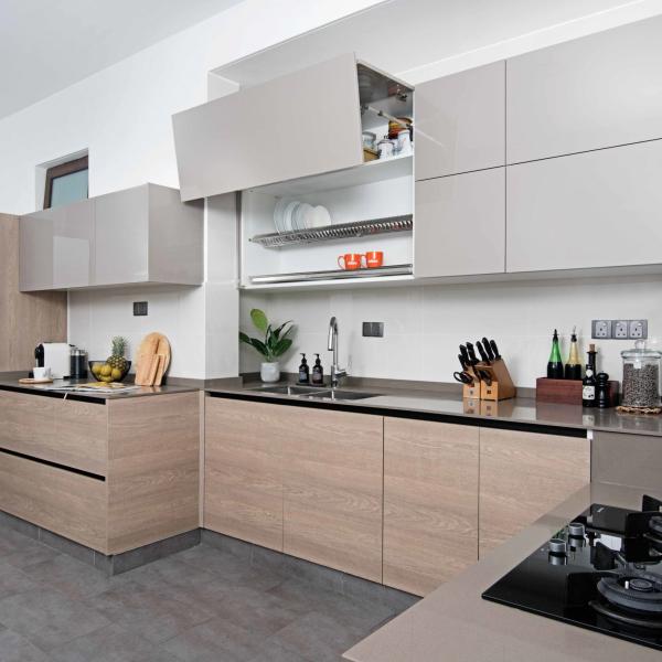 Custom Small Glossy Grey And Wood Grain Kitchen Cabinet Melamine Board Kitchenette