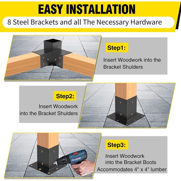 Wood Construction Black Electrophoretic Paint Spraying Metal Hardware Kit Pergola Extension Frame Corner Brackets