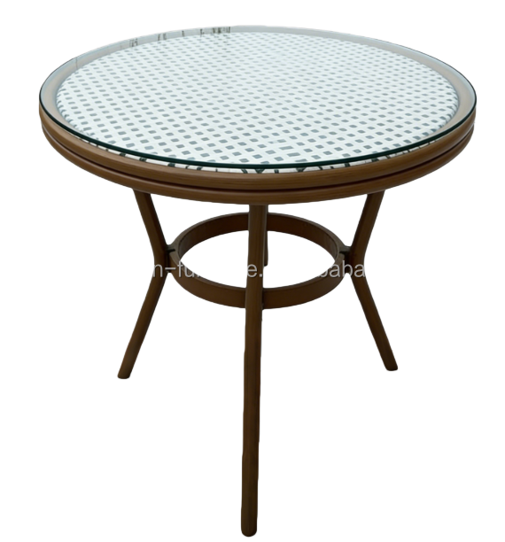 4 Seater Aluminum Rattan Round Dining Table with Glass Top Foroutdoor Restaurant Café Shop