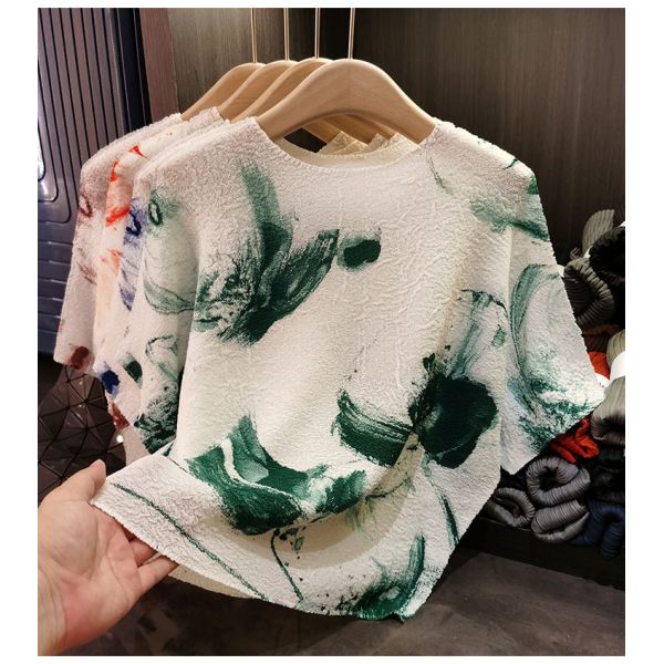 Short sleeved T-shirt summer new thin style ink print round neck slimming versatile batball sleeve top