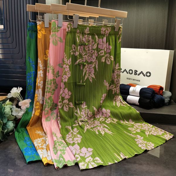 Original Design Pleated Chinese Style Disc Half Skirt 2024 Printed Pleated Skirt Wrap Slit Summer Skirt