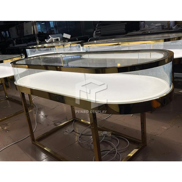 Tempered Glass Jewellery Shop Counter Display Cabinet Golden Color