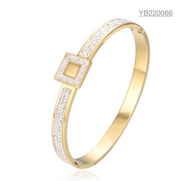 Durable 14 Karat Gold Rhinestone Bracelet Light Luxury Square Rhinestone Bangle