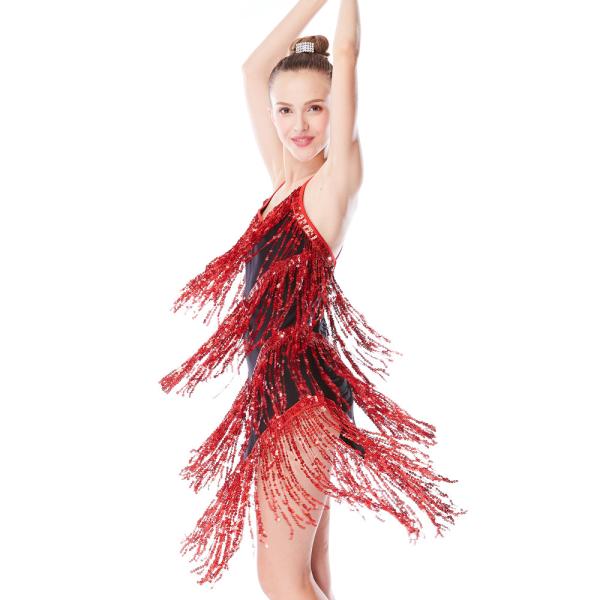 Black Red Latin Dance Costumes , Fringe Latin Dress Spandex Lining Leotard Under