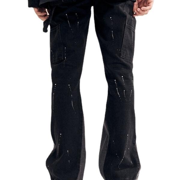 High Street Men's Straight Jeans with Printed Design and Slight Flare in Dark Wash