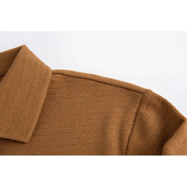 Cotton-Rich Textured Waffle Knit Long Sleeve Polo Shirt in Caramel Brown with V-Neck Placket