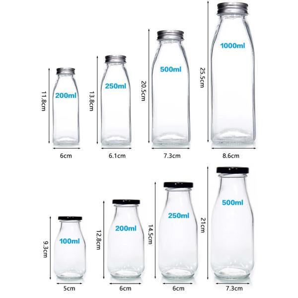 Round Screen Printing Milk Beverage Empty Glass Bottles 200ml 250ml 500ml 1000ml With Cap