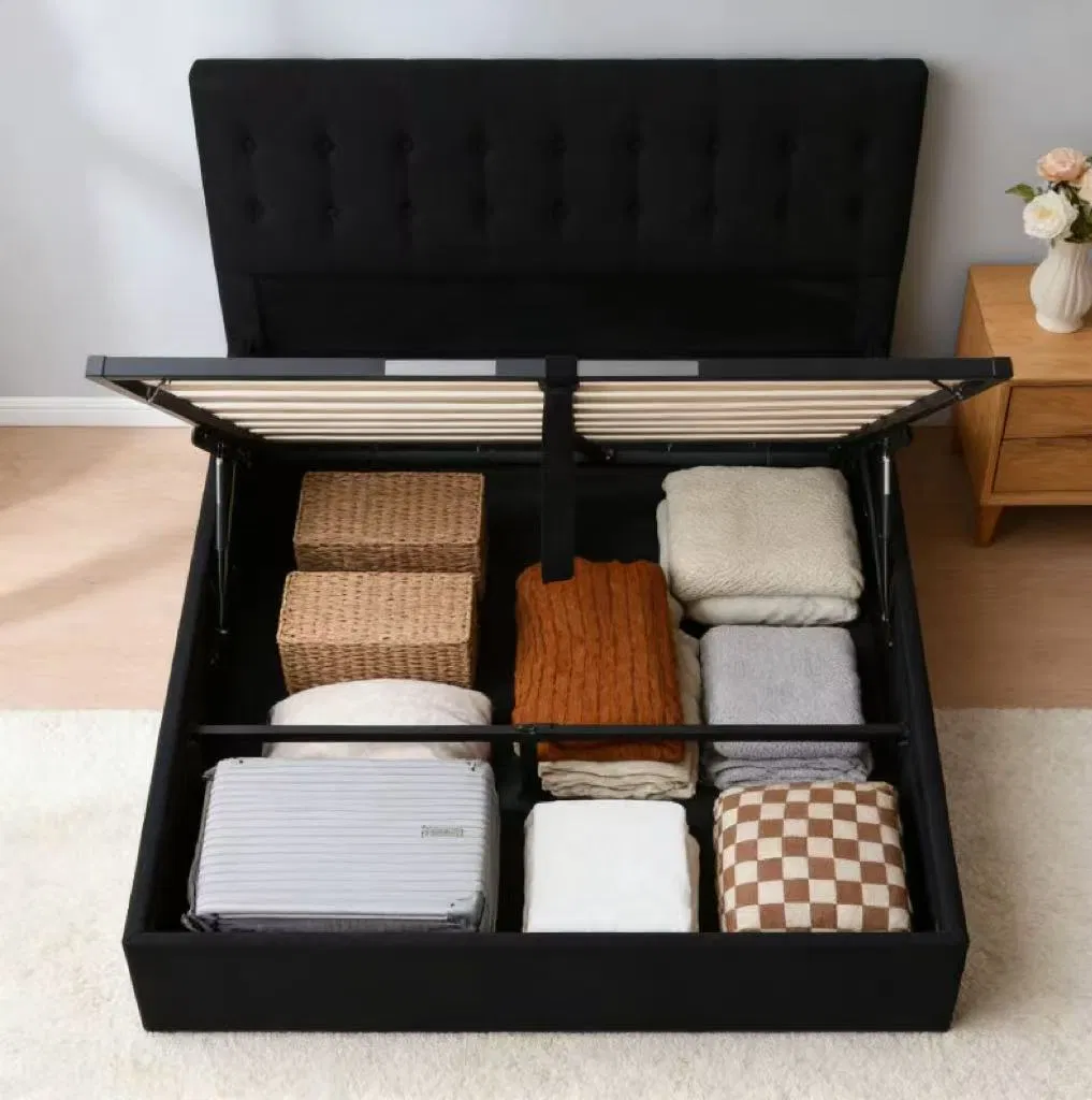 Cozy Black Upholstered Ottoman Bed with Hidden Storage