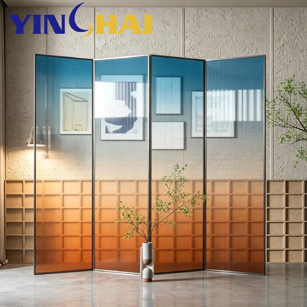 Custom Folding Stainless Steel Gradient Blue Tempered Glass Partition Screen