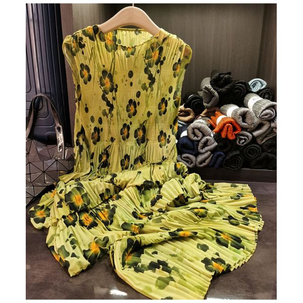 Women's Chic Summer Dress Super Elegant Pleated Design Casual Midi Length Chiffon Wide Swing Long Skirt Leopard High-End