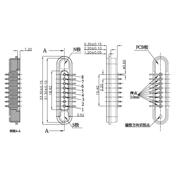Right Angle Magnetic Connectors 8 Pin Spring Loaded Connector Male Female