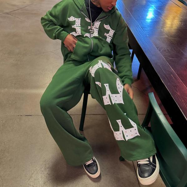 Cadeau à la fermeture à glissière sur capuche brodée Strass Patch Diamond Acid Wash Hoodies Loose Baggy Sweatpants Tracksuit Hoodie Jogger Set