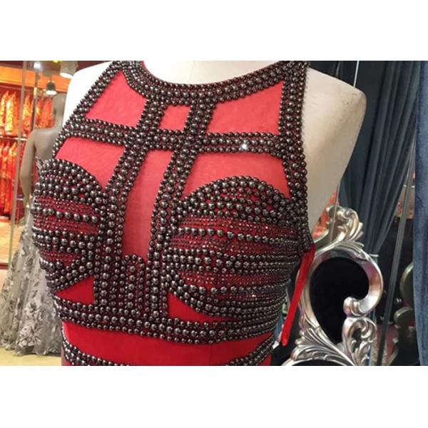 Red Mermaid Style Dress Slit Sleeveless Top Heavy Beading Back Hollow Fishtail