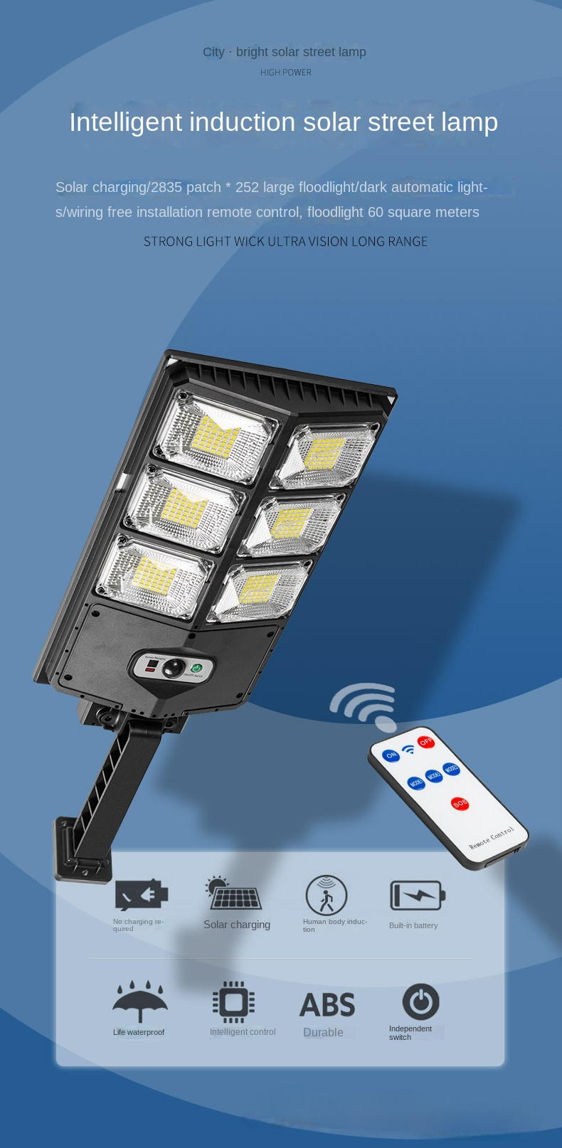 All In One Solar Street Light with 2835 SMD LEDs 18650 Lithium Battery and No Wiring for Easy Installation