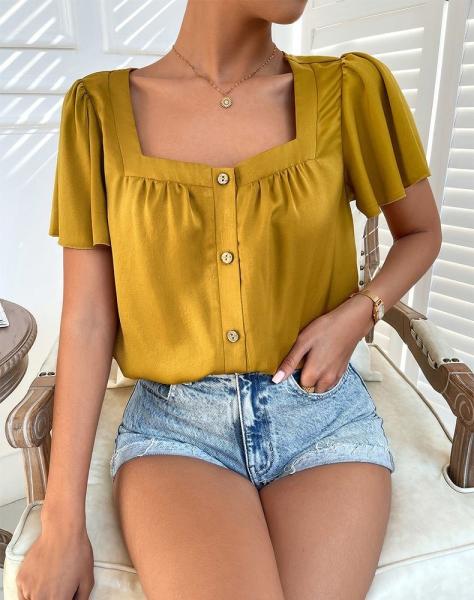                 2023 Summer Manufacturer Wholesale Square Neck Solid Color Shirt White Women Chiffon High-Quality Shirt             