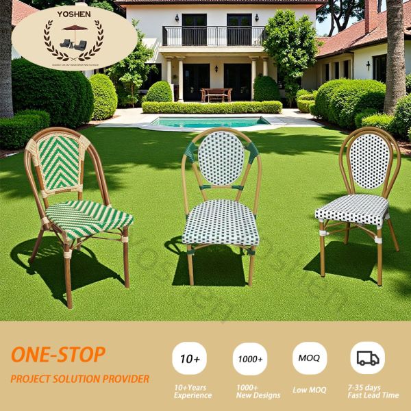 Stackable Curved-Back Synthetic Wicker & Bamboo Commercial Outdoor Green Chair