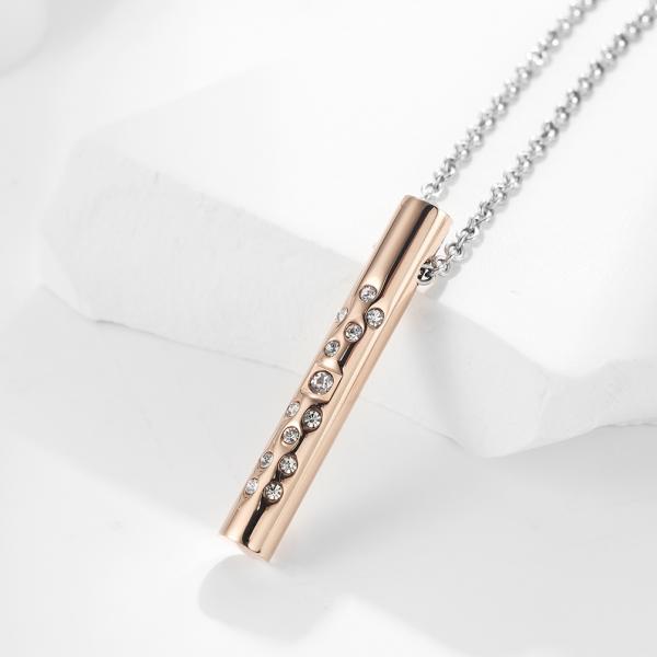 Stainless Steel Link Chain Bar Shape Necklace with Diamond Christian Pendant Rose Gold Plated