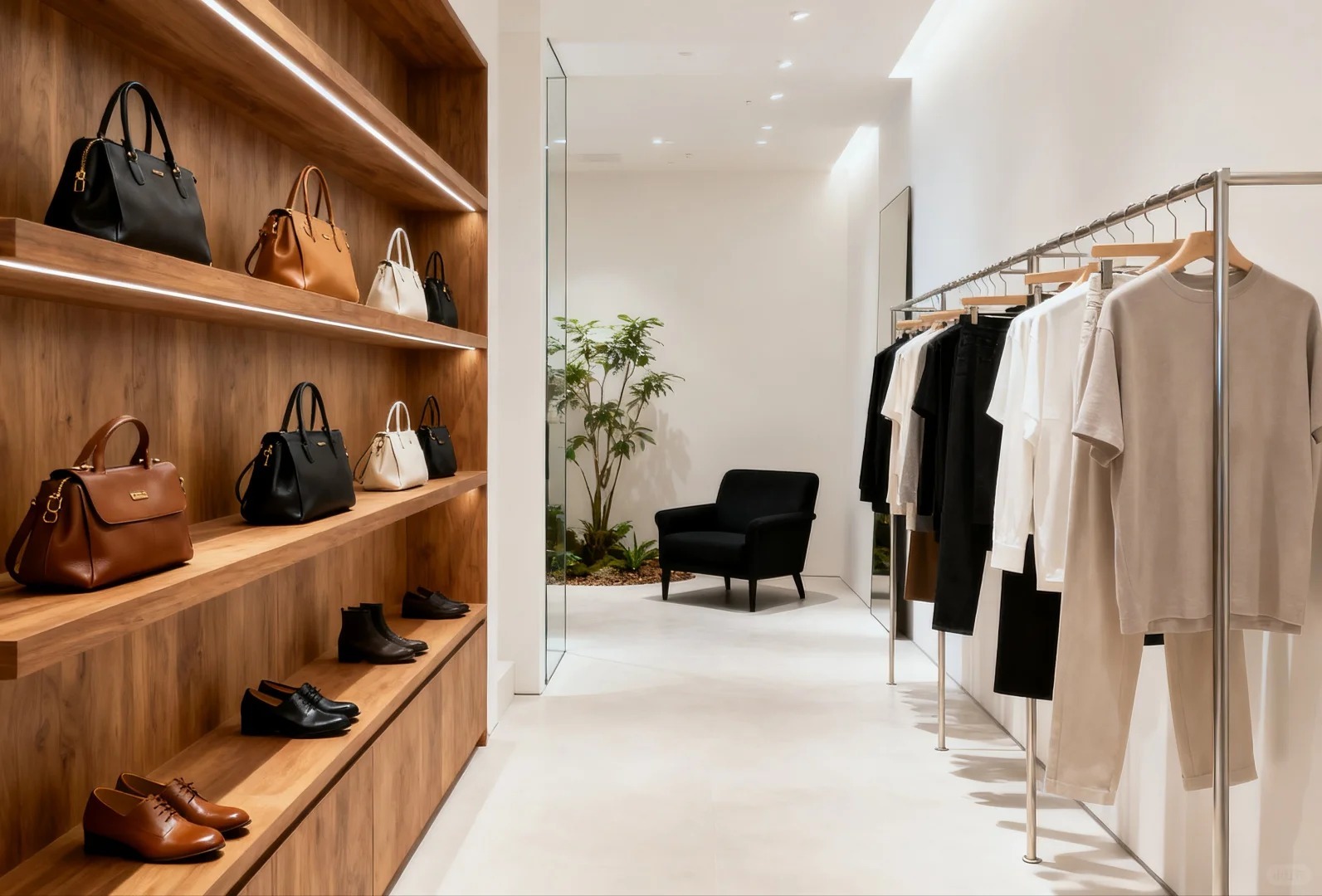 Natural Wood Minimal Women Clothing Store Interior Design | Neutral Ladies Garment Full Shop Layout
