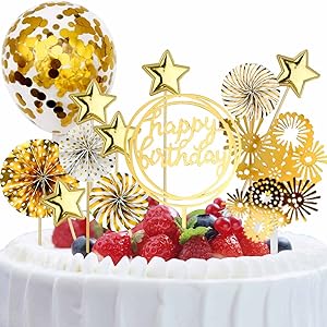 Cake Topper Decoration Set Acrylic Glitter Happy Birthday Cake Topper Confetti Balloon Paper Fans Stars Firework