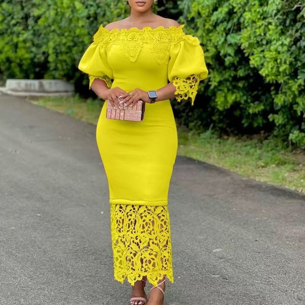 African Style Off Shoulder Lace Neckline Puff Sleeves Midi Bodycon Party Dress with Stretch Fabric