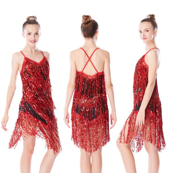 Black Red Latin Dance Costumes , Fringe Latin Dress Spandex Lining Leotard Under