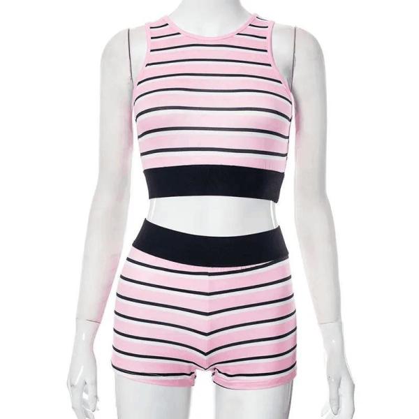                  Fitness Women Two Piece Sets Sleeveless Trend Tank Top+High Waist Shorts Bodycon Patchwork Sportswear Tracksuit Suit             