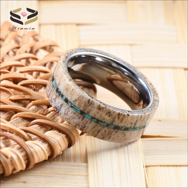 Men'S Wedding Tungsten Antler Ring 8mm With Turquoise Inlay Geometric Pattern