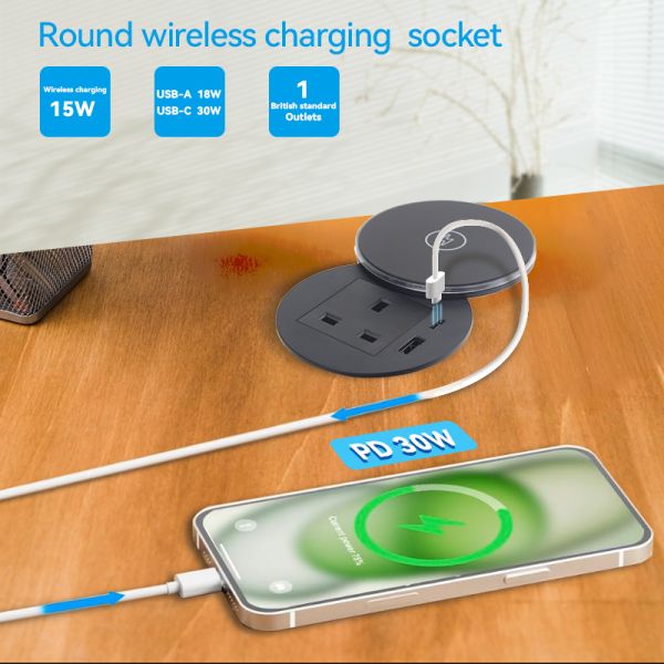 Wireless Charging Desk Power Grommet PD 30W USB C 180° Rotating
