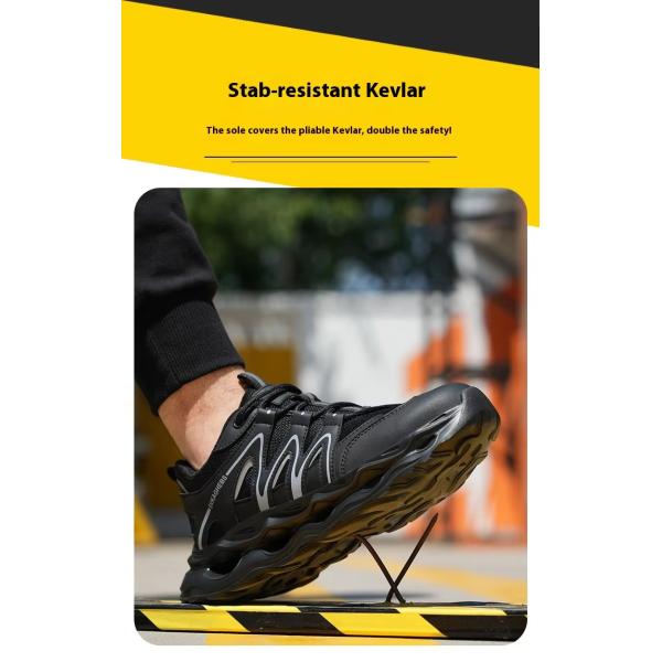 Breathable Microfiber Leather Mesh Safety Shoes With Kevlar Anti-stab Steel Toe And EVA Sole In Black