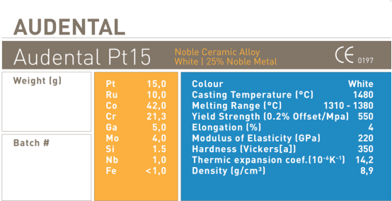 Audental PT15 aleación noble PT15% para la porcelana dental Experimenta el rendimiento superior