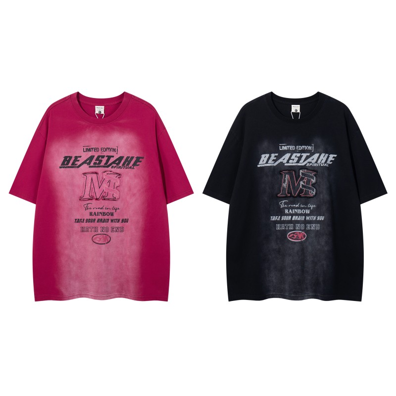 Retro Gradient Red Knitted 100% Cotton Breathable T-shirt for Men with Letter Pattern Short Sleeve Oversized Fit Washed and Worn