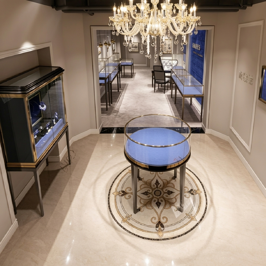 Blue Velvet Jewelry Display Stand; Curved Glass Tall Jewelry and Watch Display Case; Luxury Retail Store Display Cabinet
