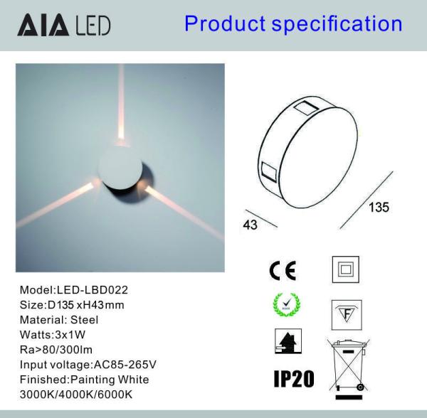 Steel 5degree 3x1W  IP20 modern 3meters distance LED wall light /LED decoration wall light