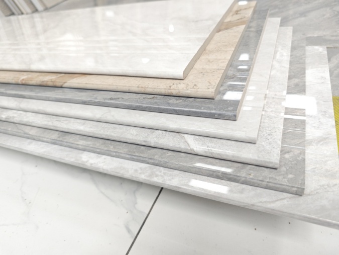 Wear-resistant Gray Beige Carrara 470x1200mm Super White Body Polished Glazed Ceramic Staircases Step and Riser For Renovation