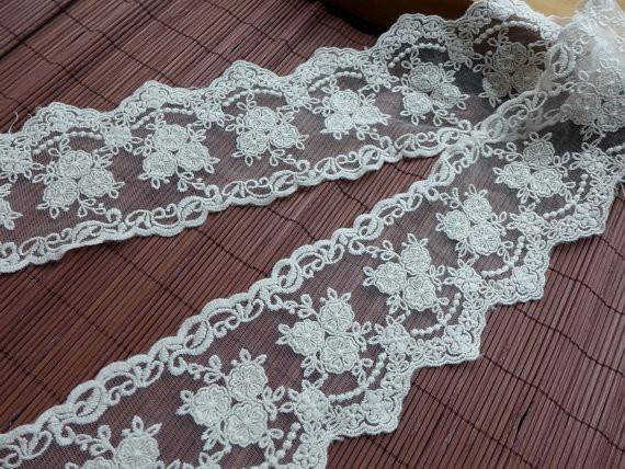 9CM Stretch Flower Cream Lace Ribbon , Wedding Dress Embroidered Lace Trim