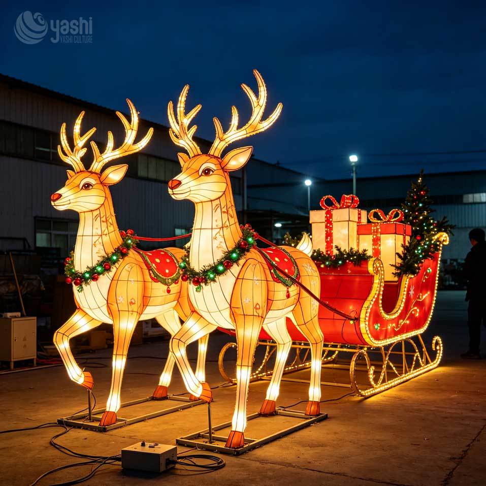 Large Christmas Scene Reindeer Festival Lantern Set With Gift Boxes For Outdoor Christmas Lighting In Theme Parks And Scenic Spots